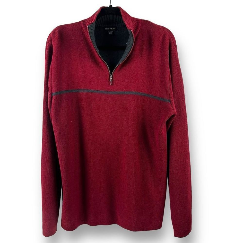 Reunion Men's Size L 1/4 Zip Sweater Deep Red Black Stripe Knit Pullover